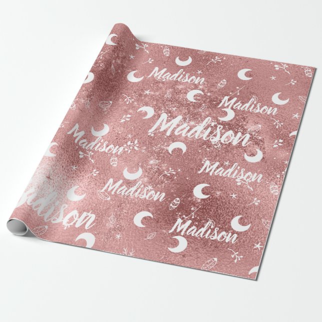 Personalized Name Fairy Pink Rose Gold Girl Wrapping Paper (Unrolled)