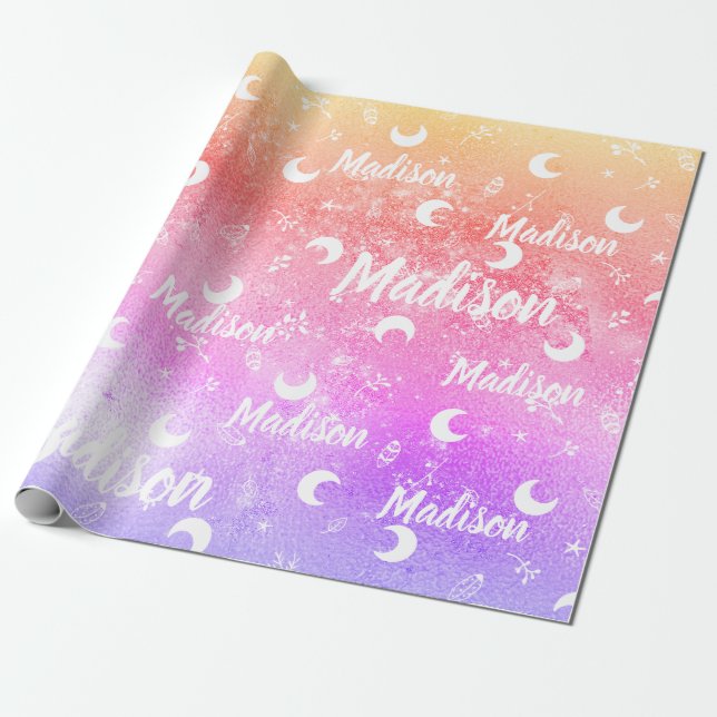 Personalized Name Fairy Rainbow Moon Girl Wrapping Paper (Unrolled)
