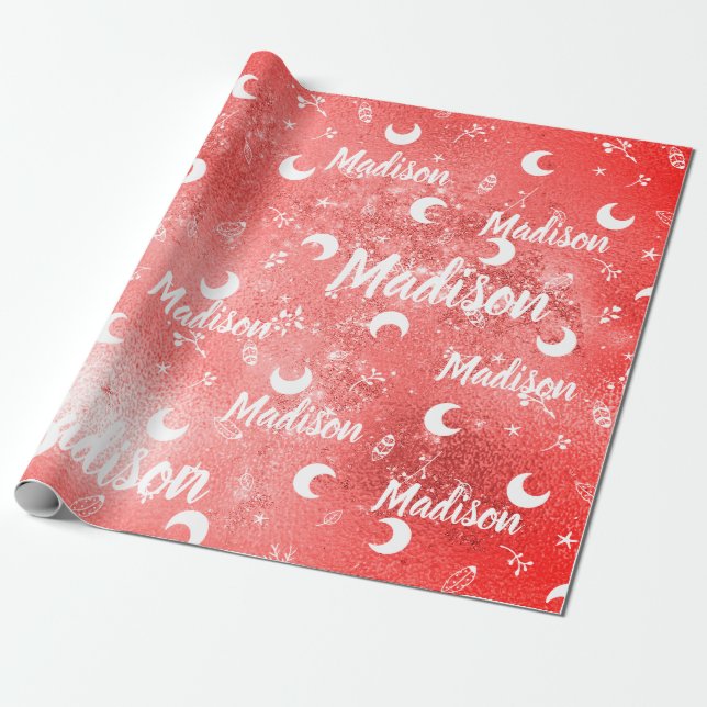 Personalized Name Fairy Red Christmas Moon Girl Wrapping Paper (Unrolled)