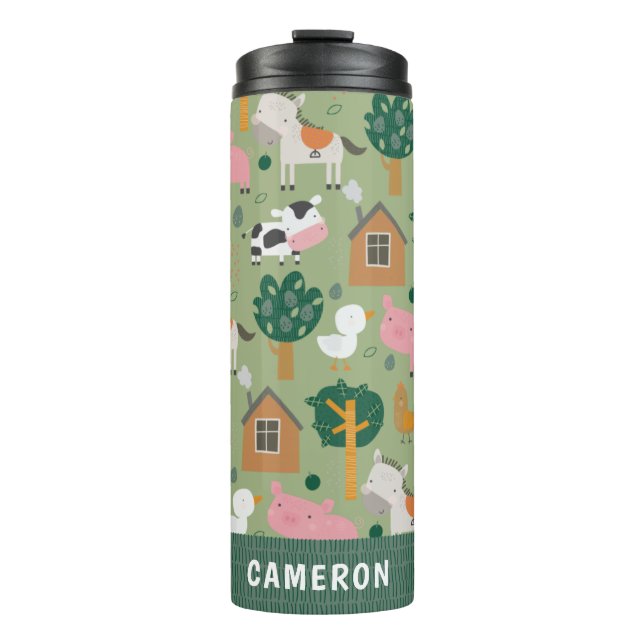 Personalized Name Farm Animal Kids Playful Green Thermal Tumbler (Front)