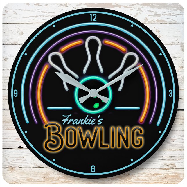 Personalized NAME Faux Neon Bowling Ball Pins Round Clock (Creator Uploaded)