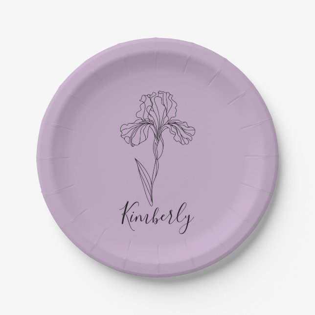 Personalized name February iris Birth Flower Paper Plate (Front)