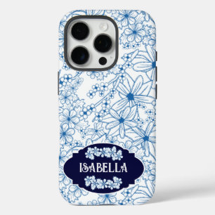 Personalized Name Feminine Blue Floral Pattern iPhone 16 Pro Case