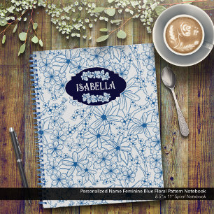 Personalized Name Feminine Blue Floral Pattern Notebook
