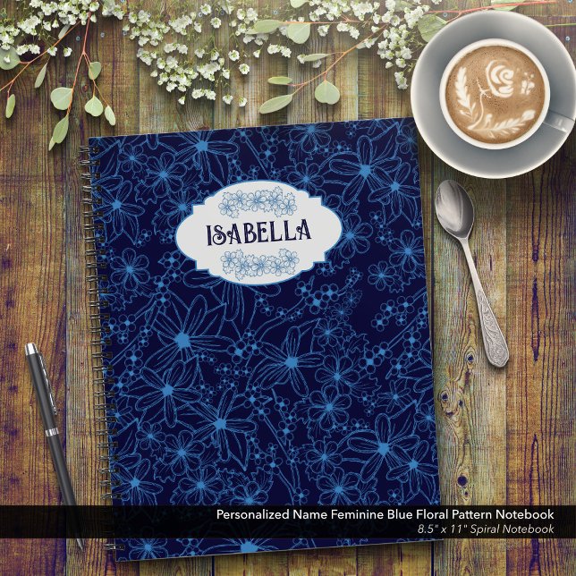 Personalized Name Feminine Blue Floral Pattern Notebook (Feminine Navy Blue Floral Pattern Spiral Notebook–Personalized with Your Name)