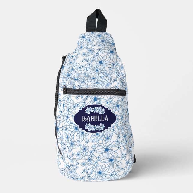 Personalized Name Feminine Blue Floral Pattern Sling Bag (Front)