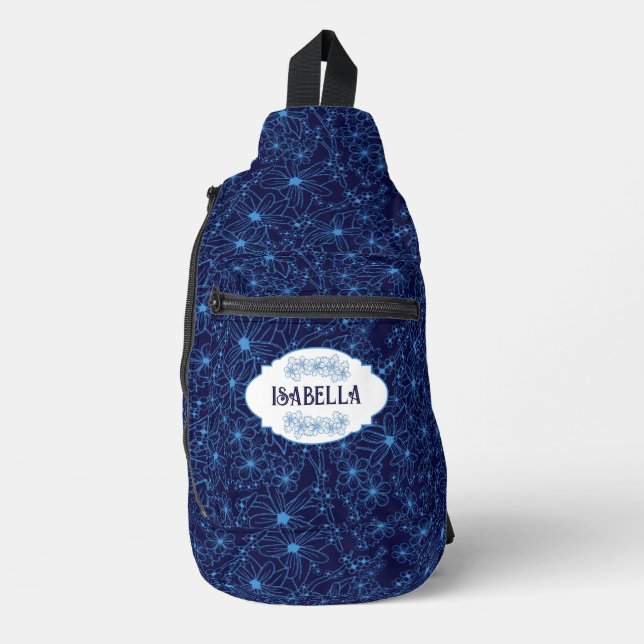 Personalized Name Feminine Blue Floral Pattern Sling Bag (Front)
