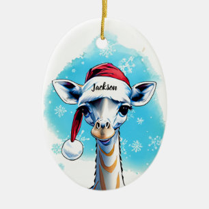 Personalized Name Festive Santa Giraffe Christmas  Ceramic Ornament