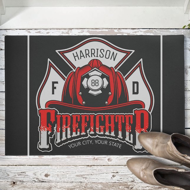 Personalized NAME Firefighter Helmet Fire Rescue Doormat (Creator Uploaded)