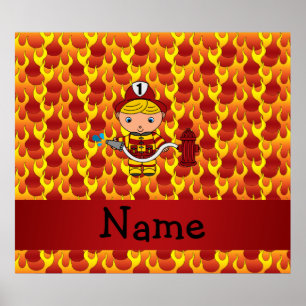Personalized name fireman flames pattern poster