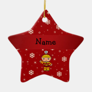 Personalized name fireman red snowflakes ceramic ornament