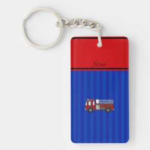 Personalized name firetruck blue stripes keychain