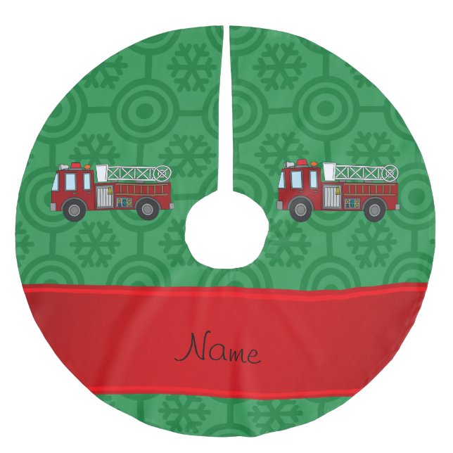 Personalized name firetruck green retro snowflakes brushed polyester tree skirt (Front)