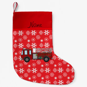 Personalized name firetruck red white snowflakes small christmas stocking