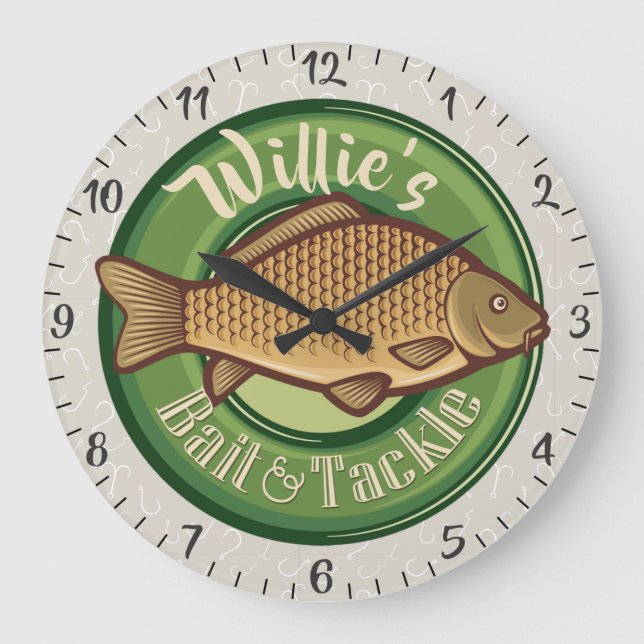 Personalized NAME Fish Bait Tackle Fishing Angler Large Clock (Front)