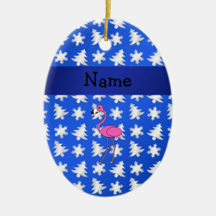 Personalized name flamingo blue snowflakes trees ceramic ornament