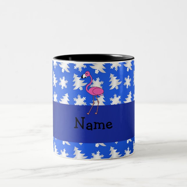 Personalized name flamingo blue snowflakes trees Two-Tone coffee mug (Center)