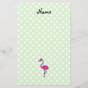 Personalized name flamingo green polka dots stationery