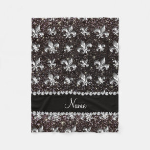 Personalized name fleur de lis black glitter fleece blanket