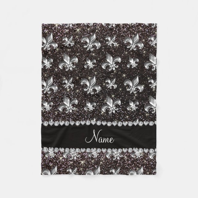 Personalized name fleur de lis black glitter fleece blanket (Front)