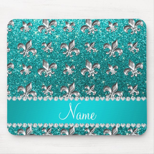 Personalized name fleur de lis bright aqua glitter mouse pad (Front)