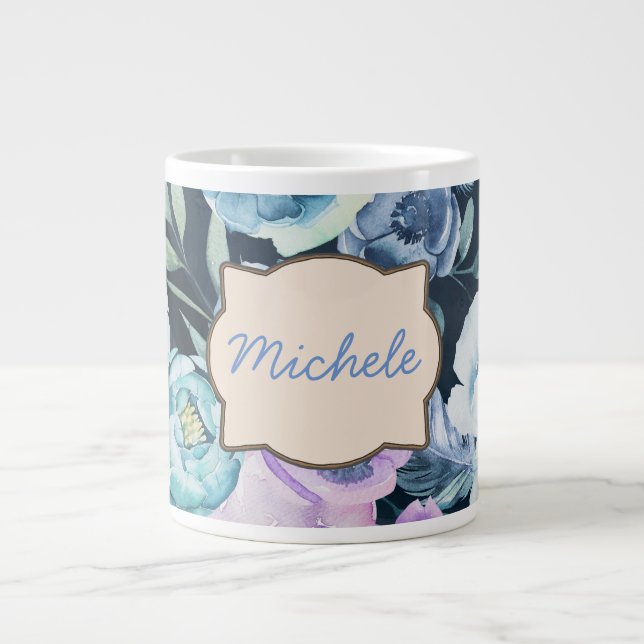 Personalized Name Floral Blue Background Large Coffee Mug (Front)