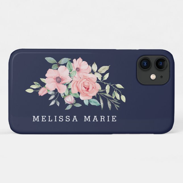 Personalized Name Floral Blush Navy Case-Mate iPhone Case (Back (Horizontal))