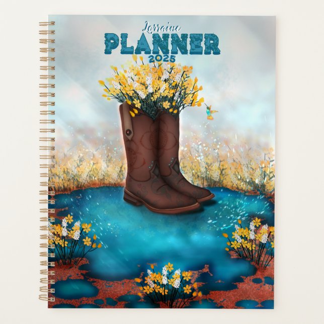 Personalized Name Floral Boot with Humming bird Planner (Front)
