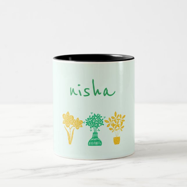 personalized name floral green and yellow cute mug (Center)