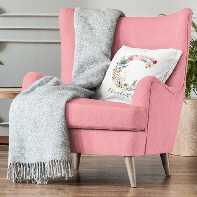 Personalized Name & Floral Monogram 'C' Throw Pillow (Creator Uploaded)