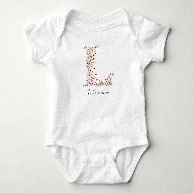 Personalized Name & Floral Monogram 'L' Baby Bodysuit (Front)