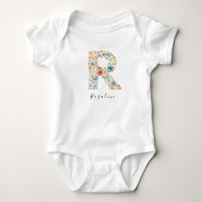 Personalized Name &Floral Monogram 'R' Baby Bodysuit (Front)
