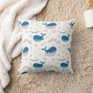 Personalized Name Floral Nautical Whale Throw Pillow