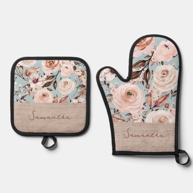 Personalized Name Floral Oven Mitt & Pot Holder Set (Front)