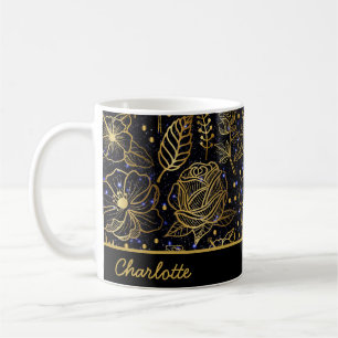 Personalized name floral seamless pattern gold coffee mug