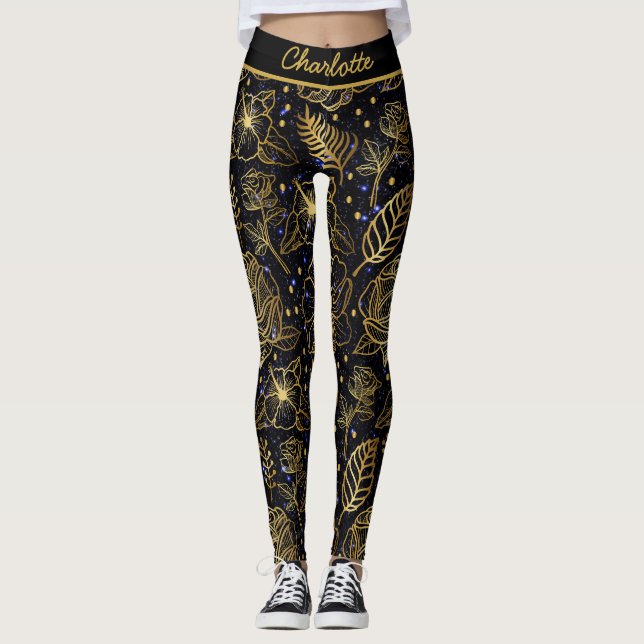 Personalized name floral seamless pattern gold  leggings (Front)