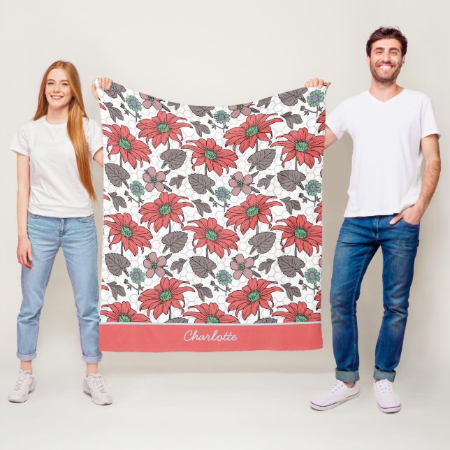 Personalized name floral seamless pattern pink  fleece blanket (In Situ)