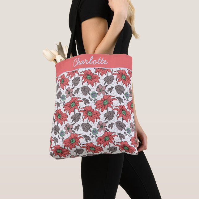 Personalized name floral seamless pattern pink  tote bag (Close Up)