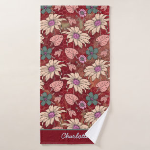 Personalized name floral seamless pattern red bath towel