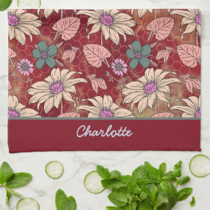 Personalized name floral seamless pattern red kitchen towel