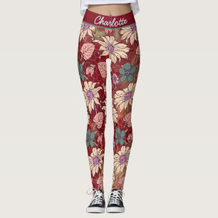 Personalized name floral seamless pattern red leggings