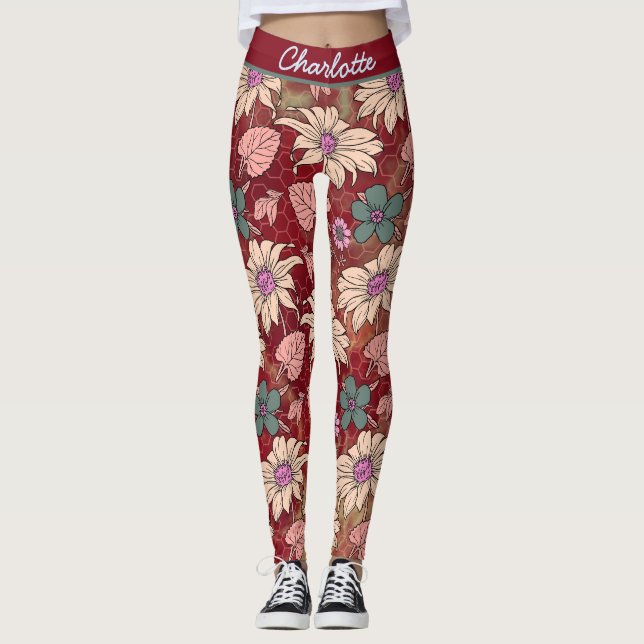 Personalized name floral seamless pattern red leggings (Front)