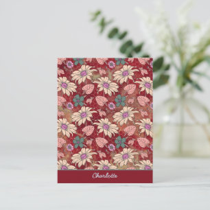 Personalized name floral seamless pattern red  postcard