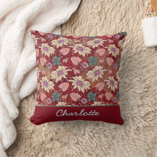 Personalized name floral seamless pattern red  throw pillow