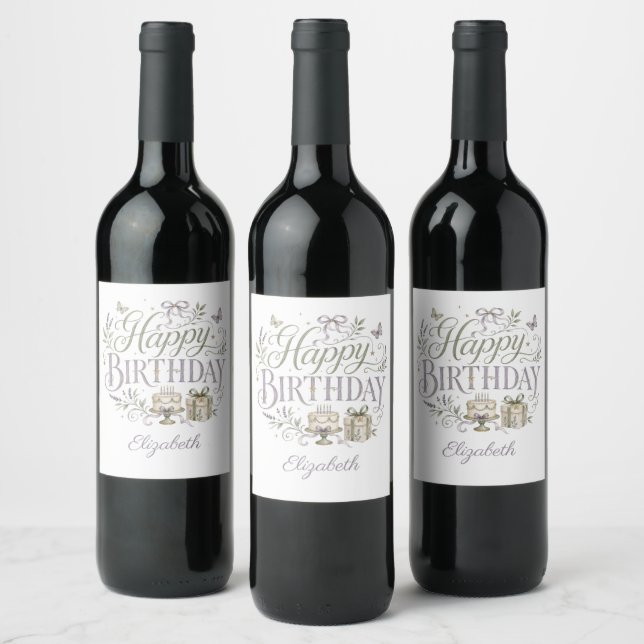 Personalized Name Florals Happy Birthday for Her  Wine Label (Bottles)