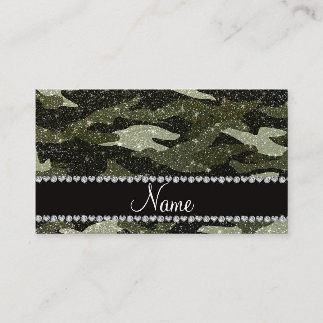 Personalized name forest green glitter camouflage calling card (Front)