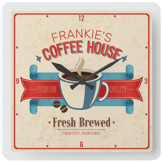 Personalized NAME Fresh Brew Coffee House Shop Square Wall Clock (Creator Uploaded)