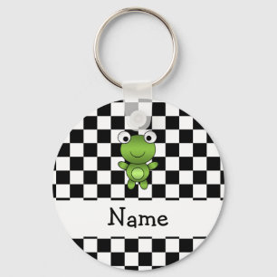 Personalized name frog black and white checkers keychain