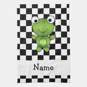 Personalized name frog black and white checkers kitchen towel