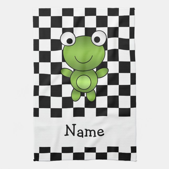 Personalized name frog black and white checkers kitchen towel (Vertical)